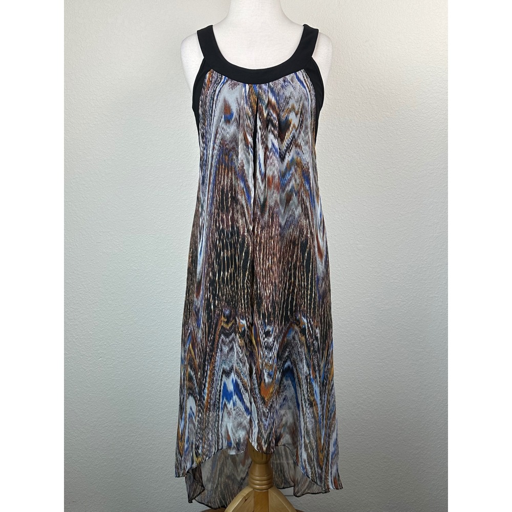 SLNY Hi Low Chiffon Dress M Abstract Ikat Print Multicolor Sleeveless Flowy